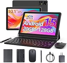 CUPEISI Android 15 Tablet 10 Inch, 20GB RAM+128GB ROM/2TB Expandable, 2.0GHz Quad-core Processor, 1280*800 HD Screen, 5G WiFi6 BT 5.0, 2 in 1 Tablets with Keyboard Case Mouse Stylus, Widevine L1 Black