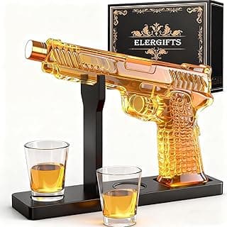 Whiskey Decanter Sets for Men, 10.5oz Handcrafted Gun Decanter Set with Shot Glass, Unique Christmas Gift Idea for Dad, Husband, Boyfriend, Brother, Gun Liquor Dispenser Fun Conversation Starter