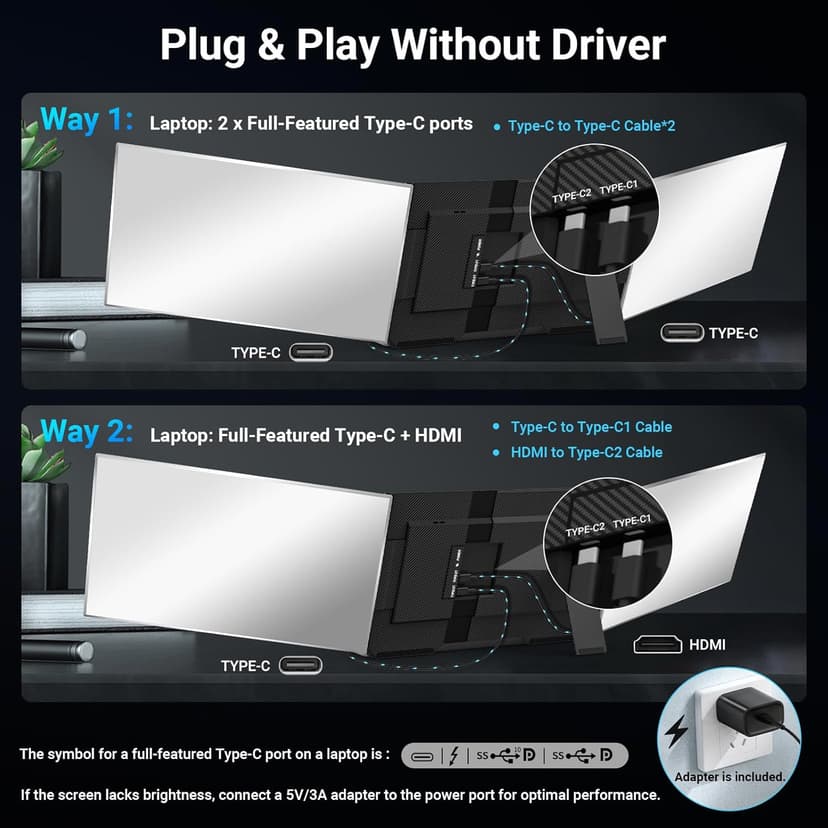 15.6" Laptop Screen Extender, 1080P FHD Triple Portable Monitor for Laptops, Ultra-Slim Travel Dual Monitor Fit for 13-17.3" Laptops, USB-C Plug&Play Extended Screen Compatible with Win/Mac/Android