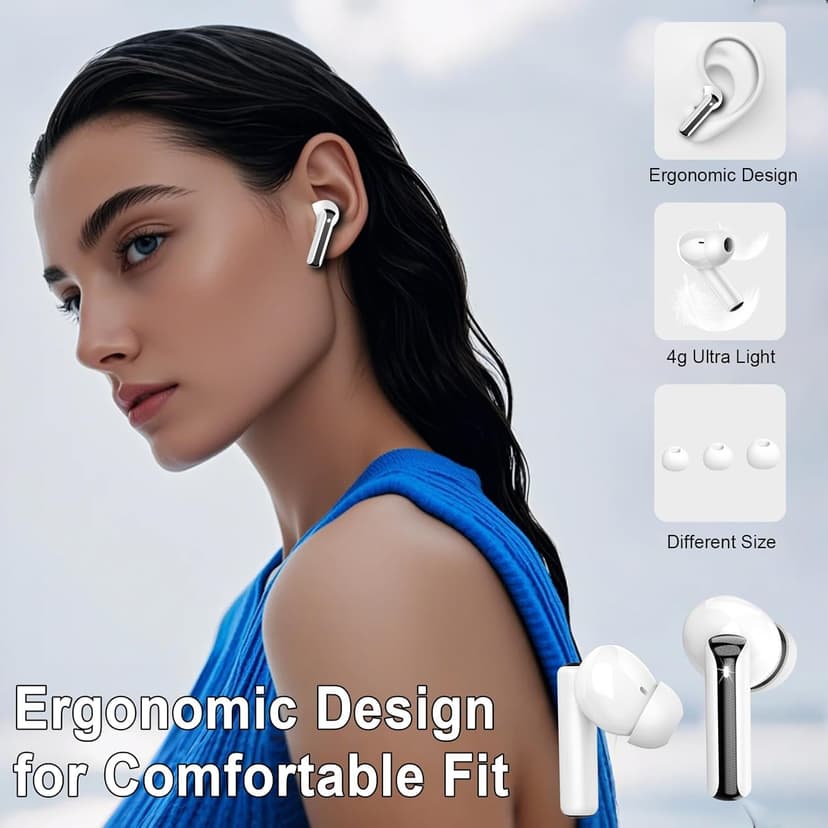 Wireless Earbuds, Bluetooth 5.4 Headphones HiFi Stereo, Bluetooth Earbuds with 4 ENC Mics, 48H Playtime Ear buds with LED Display Charging Case, IP7 Waterproof In Ear Earphones for Android iOS White