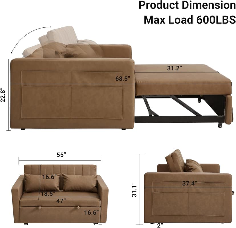 N NOORDENIYA 55'' Leather Sofa Bed, Pull Out Sleeper Sofa Couch Bed, Loveseat Sleeper, Futon Sofa Couch with Side Pocket, Convertible Sofa Bed for Living Room, Apartment, Bedroom, RV, Brown