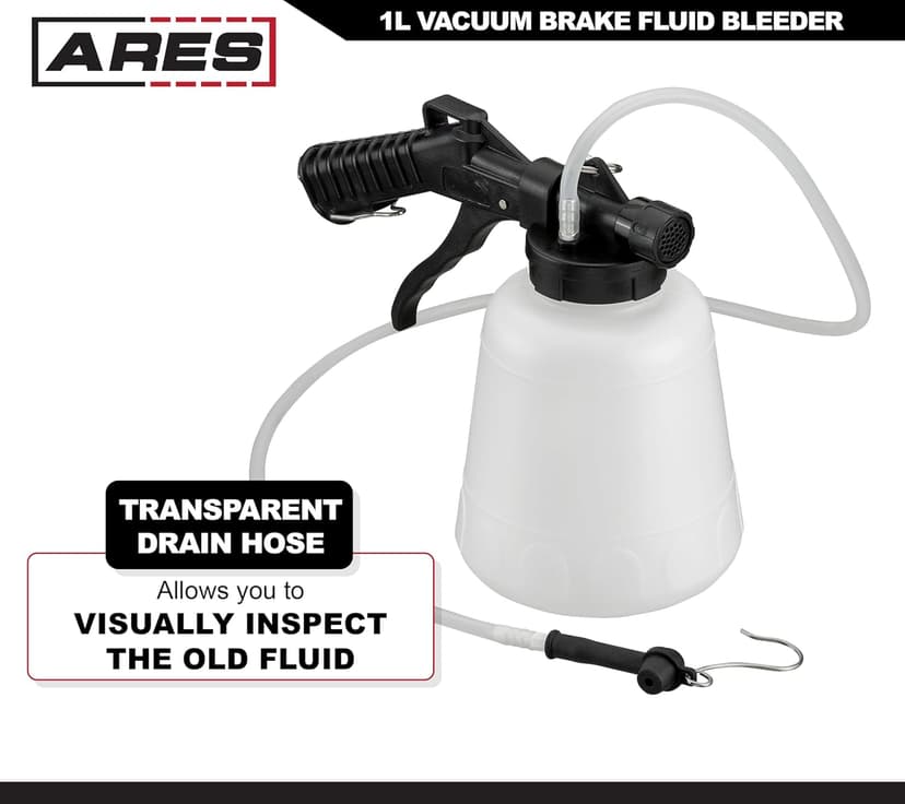 ARES 70923 - Vacuum Brake Fluid Bleeder - 1-Liter Vacuum Fluid Extractor - Hanging Hook and Locking Trigger Allows for Hands Free Operation