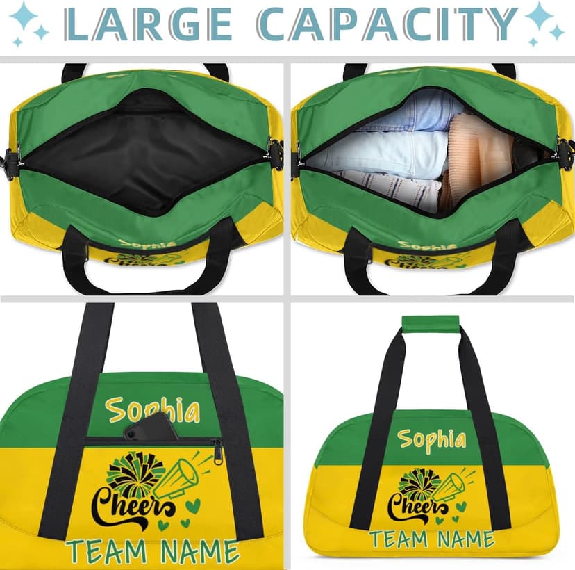 Zestdesign Personalized Cheerleader Bag, Custom Cheer Bag with Name, Customize Gym Sport Duffel Bag for Women, Green Yellow