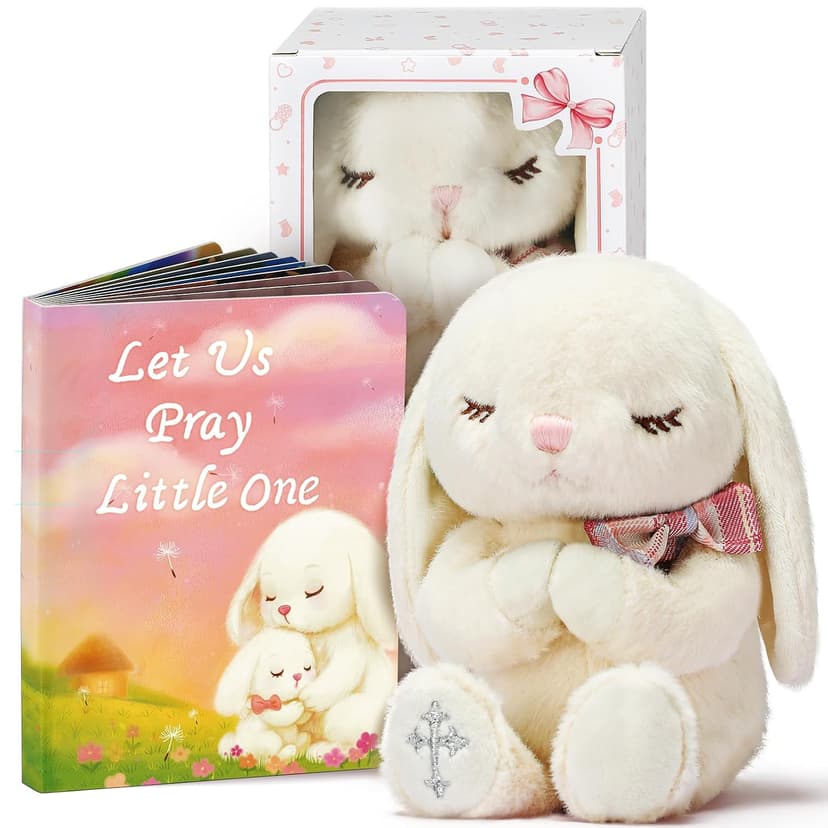 MyMateZoe Baptism Gifts for Girl, Great Christening, Dedication and Baptism Gift Set for Girl and Newborn Baby, Includes 7" Praying Bunny Plush Toy and Let Us Pray Baby Book in Keepsake Gift Box B0FP4P46HC
