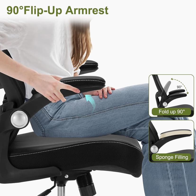 Ergonomic PU Leather Office Chair, 400lbs Weight Capacity, Breathable Mesh Back, Adjustable Height & Flip-Up Arms, Heavy Duty Computer Desk Chair for Home & Office, Black