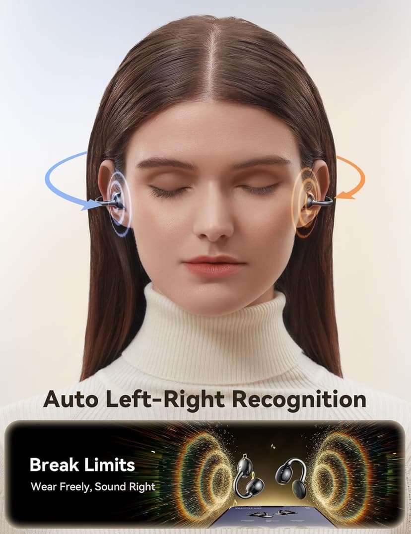 JOYROOM OE3 Clip-On Open Ear Earbuds Wireless Bluetooth Headphones for Running Workout Sport Ultra-Light Comfort Deep Bass Powerful Sound Auto L-R Recognition Multipoint Connection for Daily Use,Black