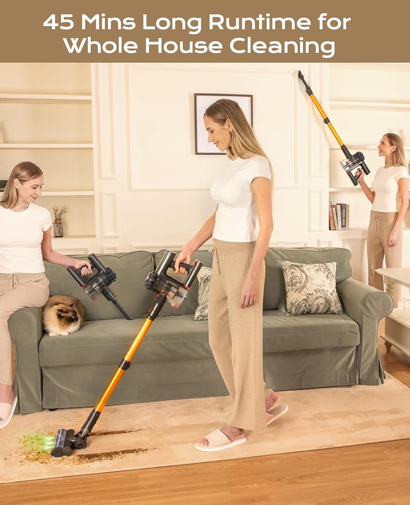Cordless Vacuum Cleaner, 450W 40KPA Vacuum Cleaners for Home, 45Mins Lightweight Stick Vacuum with Advanced Green Light Tech, Rechargeable Battery Vacuum for Carpet,Pet Hair,Hardwood Floor