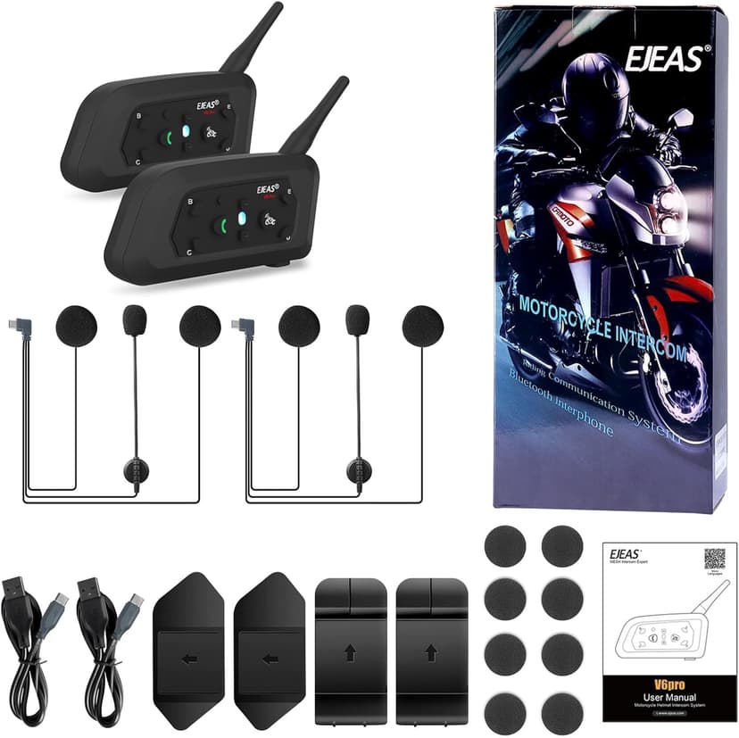 EJEAS V6 Pro Motorcycle Helmet Bluetooth Intercom, 2-Way 1200M Motorcycle Bluetooth Headset Universal Communication System with Noise Cancellation and Waterproof for Dirt Bike/ATV/Snowmobile (2PCS)