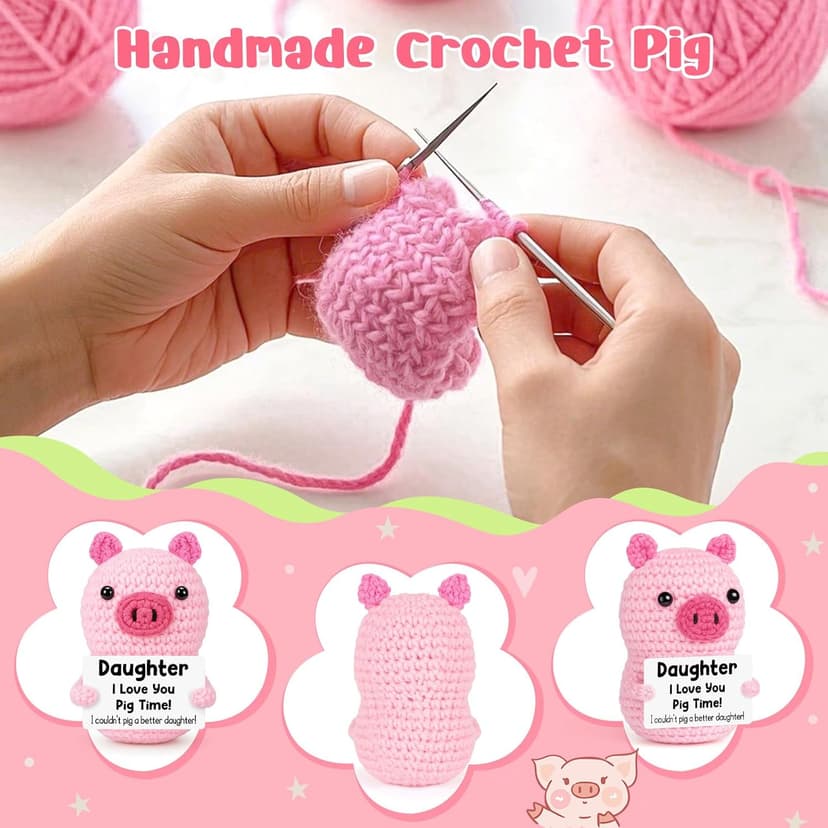 Funny Positive Pig Gifts for Daughter Birthday Christmas, Handmade Crochet Emotional Inspirational Pink Pig for Daughter Teens Adult, Daughter Gifts for Birthday Graduation Christmas Cute Decor
