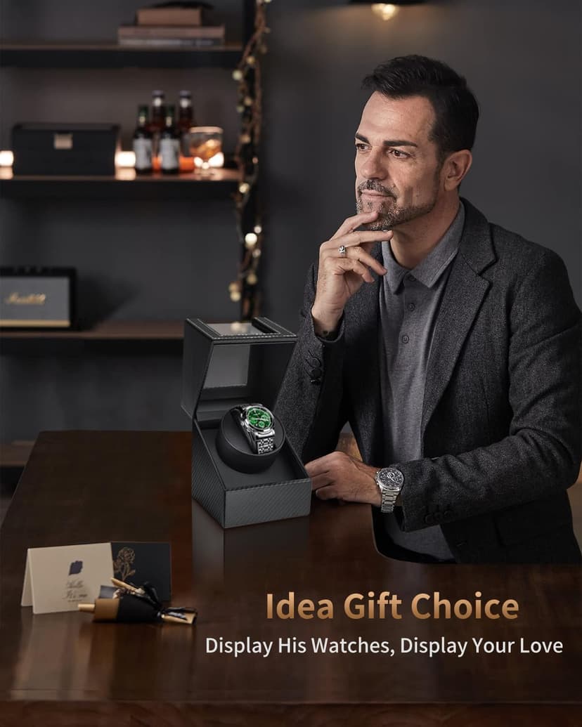 UnaMela Watch Winder for Automatic Watches: Automatic Single Watch Winder Box, Rotating Watch Case in Black Carbon Fiber Leather, Watch Rotator with Japanese Quiet Motor, Battery Powered or AC Adapter