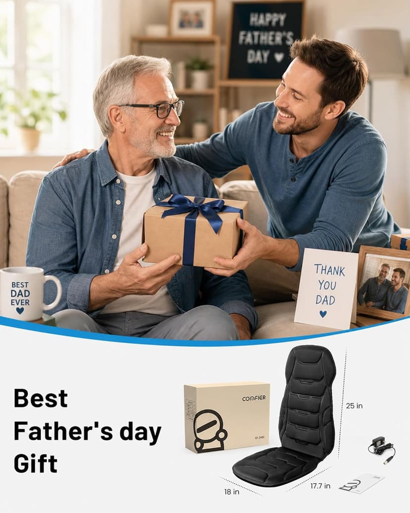 COMFIER Back Massager with Heat, Vibration Massage Seat Cushion with 8 Massage Nodes & 5 Modes, Adjustable Chair Massager Pad for Home Office, Heated Chair Pad, Father‘s Day Gift for Dad