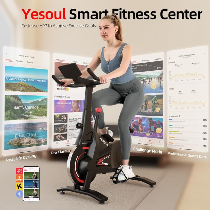 YESOUL Exercise Bike for Home – Stationary Bike with Stable Triangle Frame, Silent Magnetic Resistance, 300 lbs Capacity, Dual-Stage Drive & Alloy Flywheel, Smart APP with Scenic & Live Classes