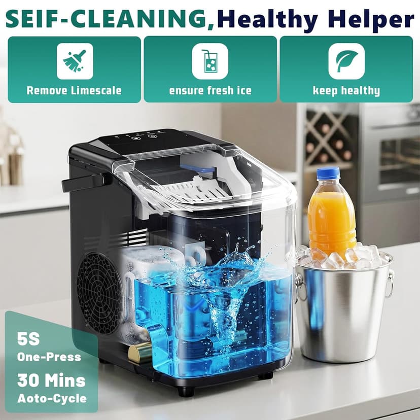 Sweetcrispy Countertop Ice Maker with Scoop, Basket and Handle, Portable Ice Machine 9 Ice Cubes Ready in 6 Mins, 26.5lbs in 24Hrs, 2 Sizes for Home Kitchen Office Bar Party