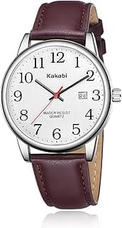 Kakabi Watch for Men, Easy Reader Unisex Analog Quartz Waterproof Wristwatch with Date and Leather Band, Casual Simple Fashion Mens Watches Gift