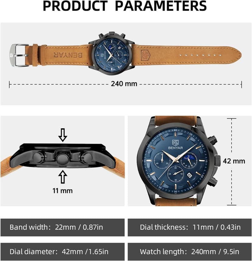 BY BENYAR BY BENYAR Mens Watches Analog Quartz Chronograph Waterproof Wrist Watches for Men Fashion Business Work Casual Sport Designer Dress Watch with Calendar Elegant Gifts for Men