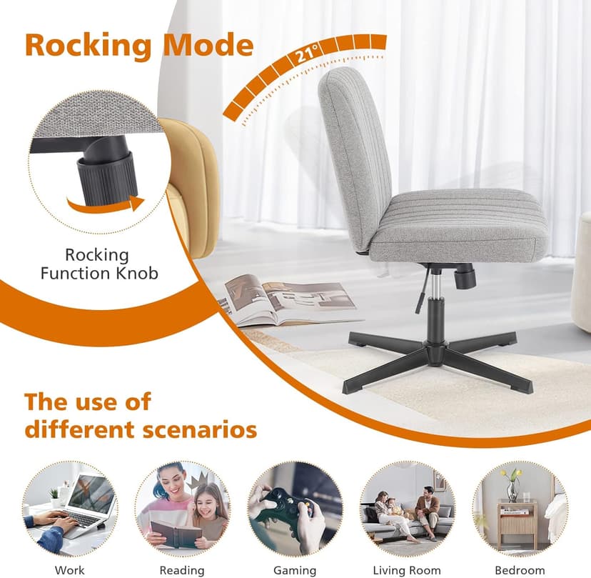 Sweetcrispy Criss Cross Chair Legged, Armless Office Swivel Desk Chairs No Wheels, Vanity Height Adjustable Wide Seat Comfy Cute Computer Task Seating for Home Bedroom, Grey