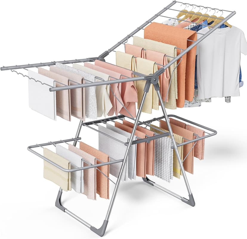 Sakugi Clothes Drying Rack, Foldable 2-Level Laundry Drying Rack with Height-Adjustable Wings, for Clothing & Bedding, Free-Standing Space-Saving Rack, Indoor & Outdoor, 55.5" L × 22.8" W, Gray