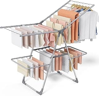 Sakugi Clothes Drying Rack, Foldable 2-Level Laundry Drying Rack with Height-Adjustable Wings, for Clothing & Bedding, Free-Standing Space-Saving Rack, Indoor & Outdoor, 55.5" L × 22.8" W, Gray