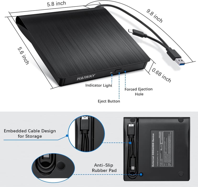 Haiway External DVD Drive, USB 3.0 Type-C CD Burner Portable CD DVD +/-RW Optical Drive Slim CD DVD ROM Rewriter CD/DVD Player Writer Reader for Laptop Desktop MacBook PC Windows Linux Mac OS (Black)