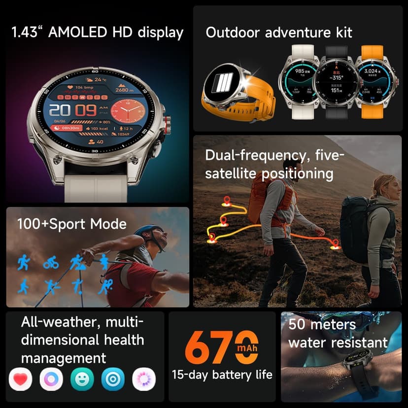 afoloery GPS Running Watch and Outdoor Smartwatch, AMOLED Display, Built-in LED Flashlight,Multisport GPS Smartwatch,5ATM Waterproof,Fitness Tracker up to 15 Days of Battery