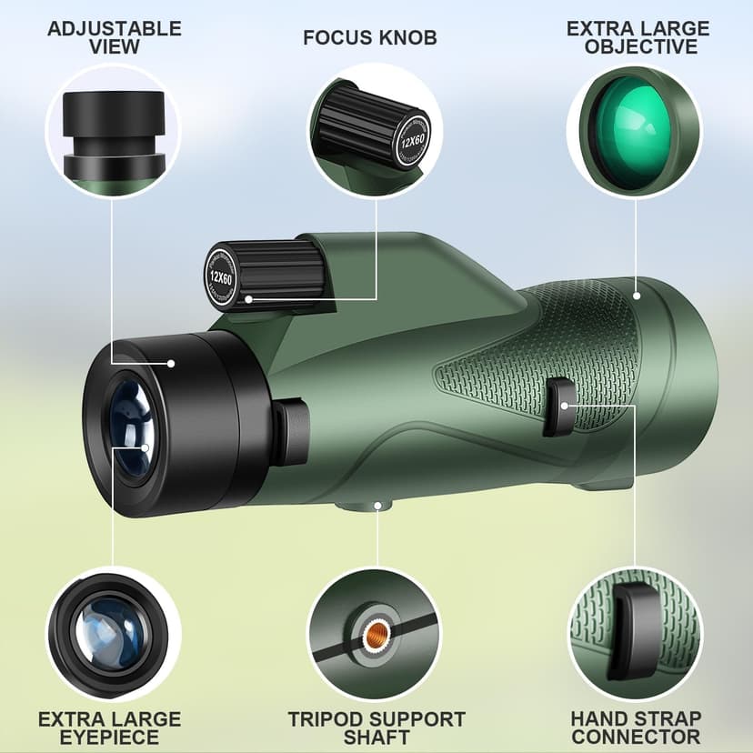 Pankoo 12x60 HD Monocular Telescope for Adults high Powered | Comes with Smartphone Adapter Tripod Hand Strap | Suitable for Bird Watching Sports Hiking Traveling