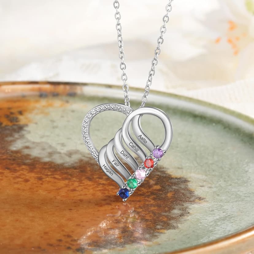 Jeweidea Personalized Heart Necklace with 2-6 Simulated Birthstones Custom Name Mother Daughter Chain Pendant for Women Mom Birthday