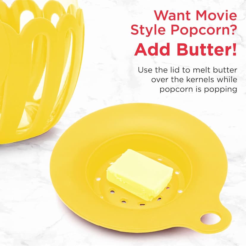 Ecolution Patented Micro-Pop Microwave Popcorn Popper with Temperature Safe Glass, 3-in-1 Lid Measures Kernels and Melts Butter, Made Without BPA, Dishwasher Safe, 3-Quart, Yellow