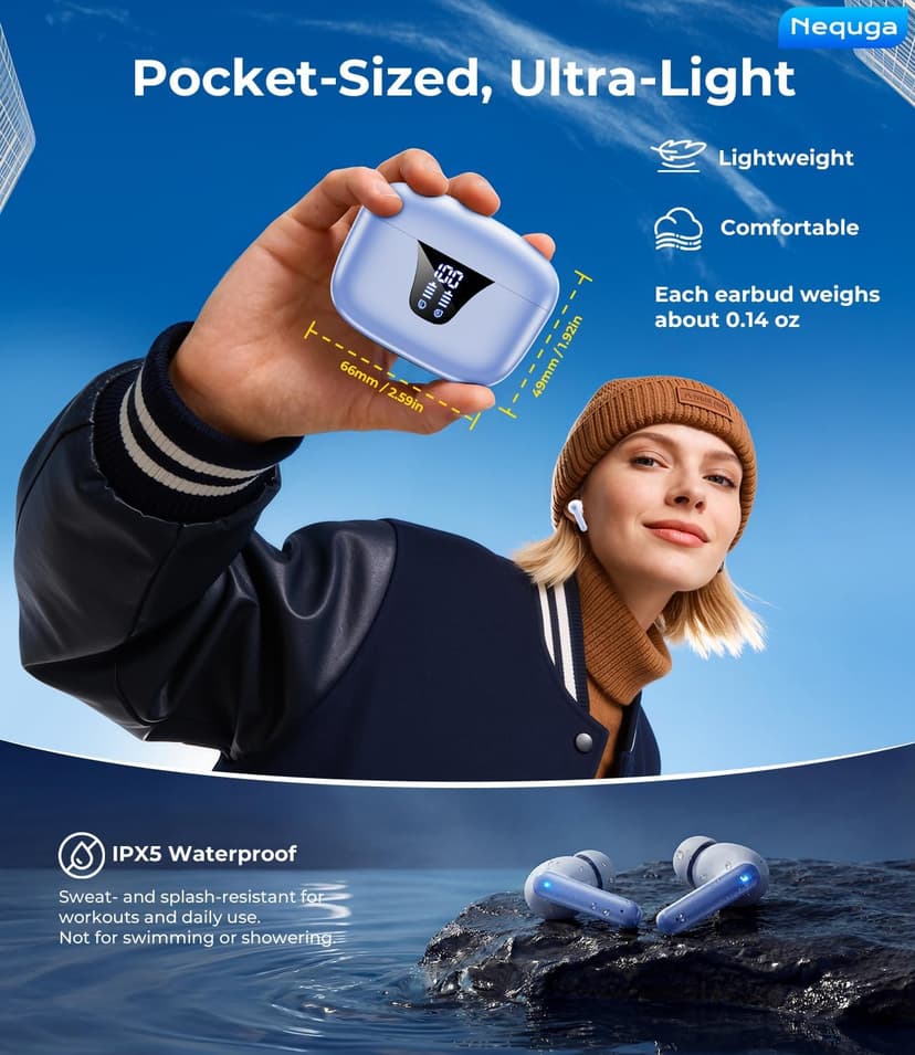 Nequga Wireless Earbuds Bluetooth Headphones, 50H Playtime Ear Buds with Mic, LED Digital Display Charging Case, IPX7 Waterproof, Deep Bass Stereo, in-Ear Earphone for iPhone Andriod Phone