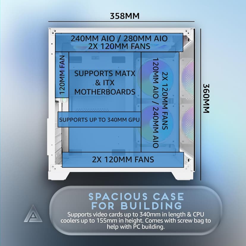 Apevia Prism-WH Prism Micro-ATX Gaming PC Cube Case w/ 5X 120mm ARGB Fans, 366 RGB Modes, Dual Tempered Glass Panels, 240mm Radiator Support, 1X USB3.0, 2X USB 2.0, HD Audio Port, White