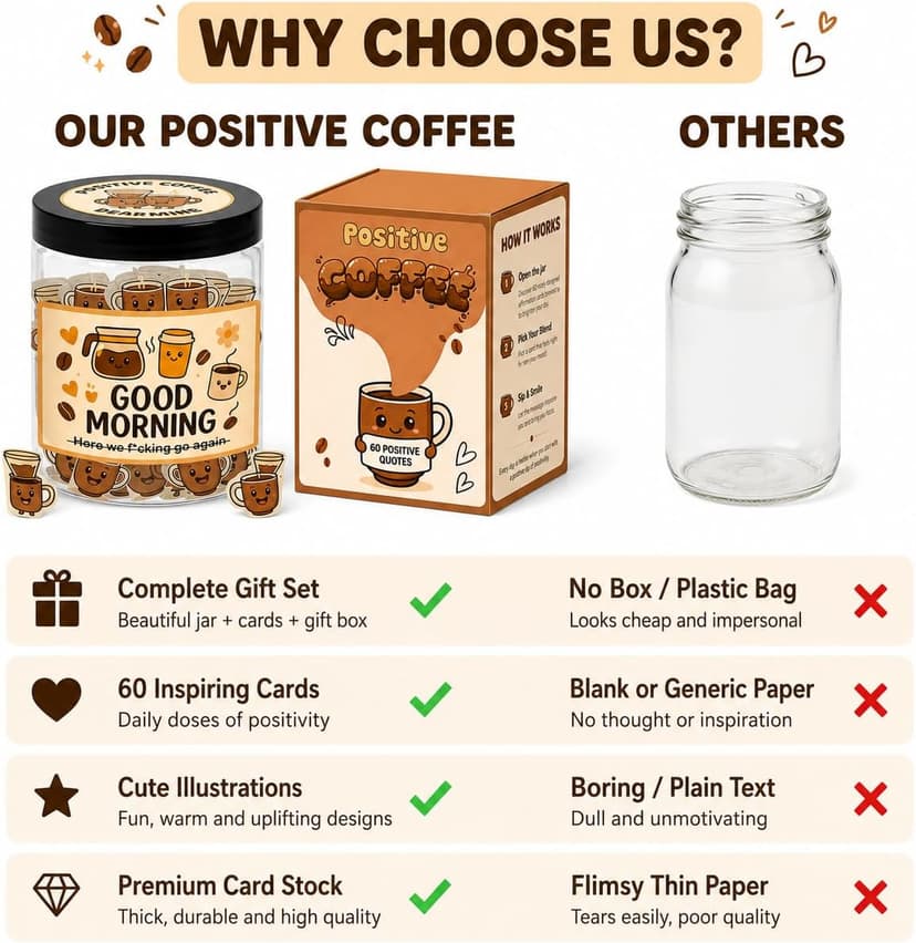 Positive Coffee Jar with 60 Affirmation Cards, Coffee Gifts For Women and Men, Dad, Mom, Coffee Themed Lover Gift, Emotional Support Latte, Cheer Up Funny Gag Gifts for Best Friends, Coworkers B0F6SGJJKC