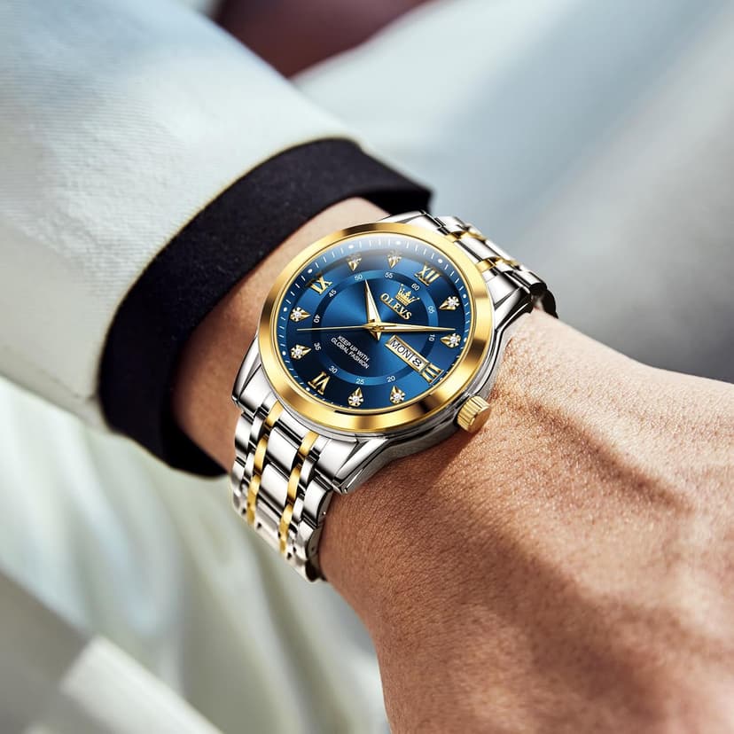 OLEVS Men's Stainless Steel Watch, Large Face Roman Numerals Diamond Accented Three-Hand Analog Quartz Watches for Men, Easy to Read Day Date Waterproof Luminous Mens Wristwatch