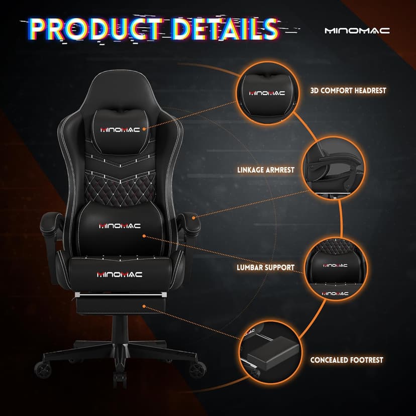 Gaming Chair,Ergonomic Computer Gaming Chair,400lb Load-Bearing,Retractable Footrest/Waist Support/Ergonomic Backrest[Spring + 4D Sponge] (Black)