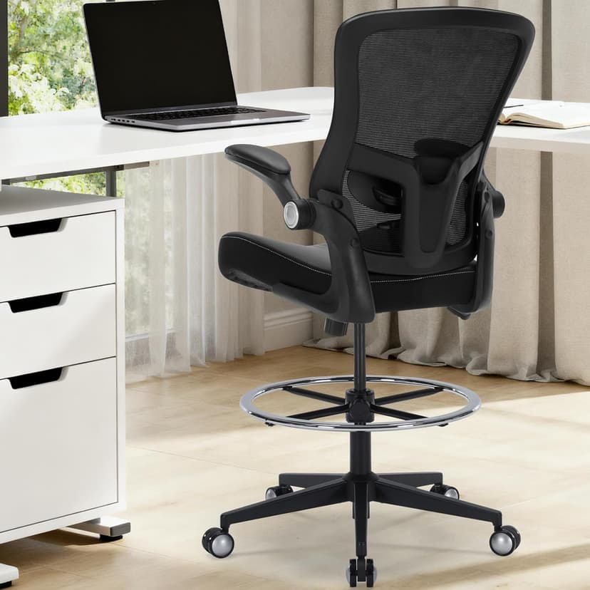 Drafting Chair 400lbs Heavy Duty Tall Office Chair Big and Tall Ergonomic Standing Desk Chair with Lumbar Support and Adjustable Footrest Ring, Comfy Mesh Wide Chair with Flip-up Armrests, Black