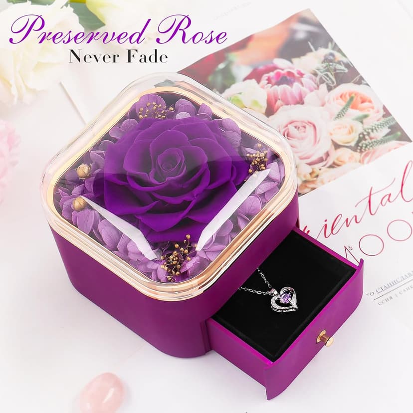 Beferr Birthday Gifts for Women Mom Preserved Real Rose with Necklace Eternal Roses Fresh Flowers for Delivery Prime anniversary Purple Gifts for Grandma Wife Daughter Sister