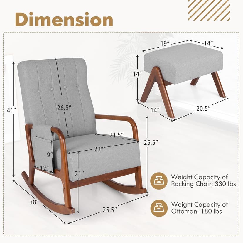 Giantex Rocking Chair with Ottoman, Upholstered Rocker Chair w/Solid Rubber Wood Frame, Side Pocket, Linen Nursery Chair w/Footrest, Tufted Glider Chair for Living Room, Bedroom, Grey