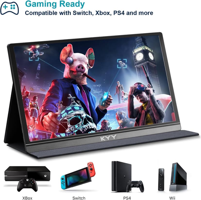 KYY Portable Monitor 15.6inch 1080P FHD USB-C, HDMI Computer Display HDR IPS Gaming Monitor w/Premium Smart Cover & Screen Protector, Speakers, for Laptop PC MAC Phone PS4 Xbox Switch