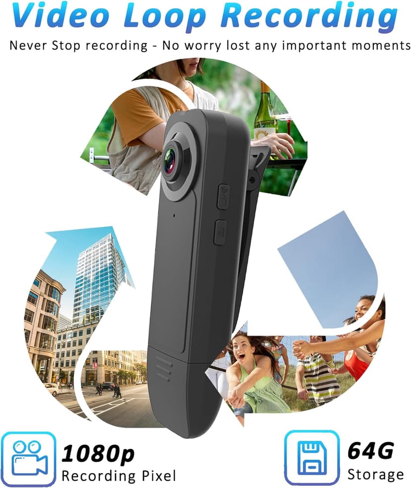 Mini Body Camera with Audio & Video Recording - Small POV Cam 1080P with 64G Card - Wearable Personal Portable Cameras Recorder DV - Night Version Camcorder for Security Work Records Guard Traveling