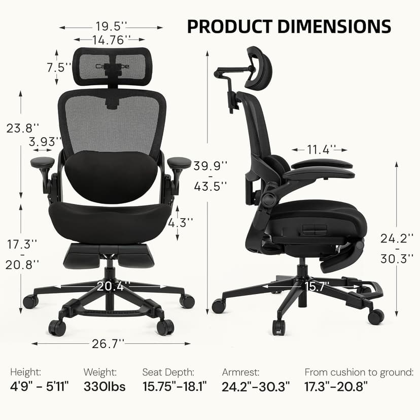 CabLady S2 Petite Office Chair for Women & Small Frames - 330lb Capacity, 4D Adjustable Lumbar/Headrest, Flip-Up Arms & Footrest, Ergonomic Desk Chair