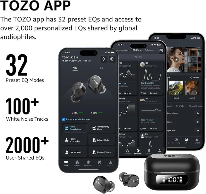 TOZO NC9 Hybrid Active Noise Cancelling Wireless Earbuds, 6 Mics ENC Clear Call, IPX8 Waterproof, in Ear Bluetooth 5.3 Headphones Stereo Bass Ear Buds 59H Playtime with LED Display 32 EQs via APP