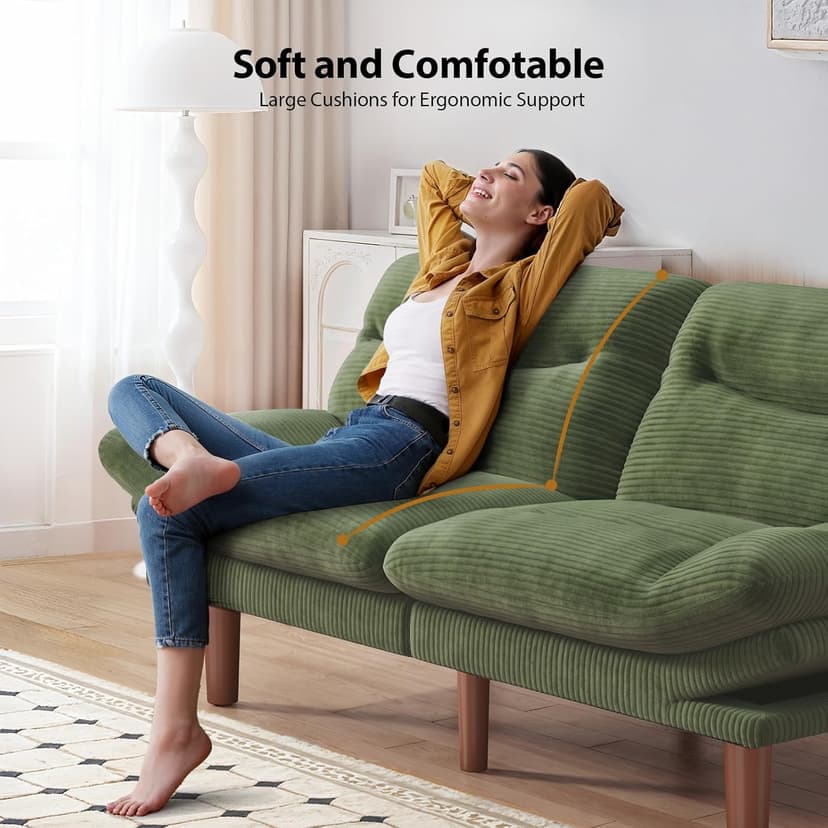 Pipishell 75" Futon Sofa Bed, Convertible Corduroy Space-Saver Couch with Adjustable Back & Armrests, Recliner Sleeper for Small Apartments, Office, Guest Room (Green) | Space-saver