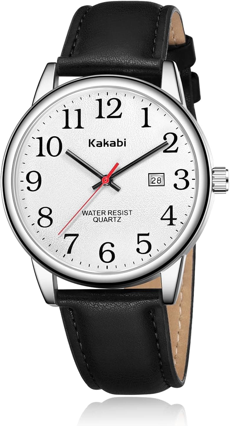 Kakabi Watch for Men, Easy Reader Unisex Analog Quartz Waterproof Wristwatch with Date and Leather Band, Casual Simple Fashion Mens Watches Gift