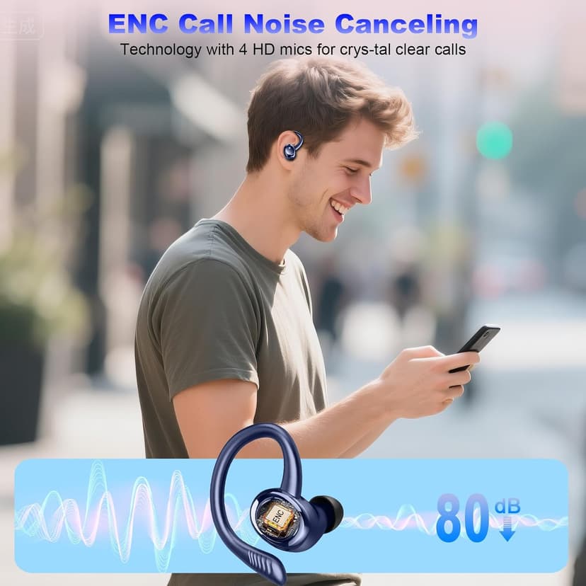 Hupoaf Wireless Earbuds Sport, New Bluetooth 5.4 Headphones with Earhooks, 50H Stereo Deep Bass Over Ear Buds with 4 ENC Noise Canceling Mics, IP7 Waterproof Earphones for Running Workout Gym -Blue