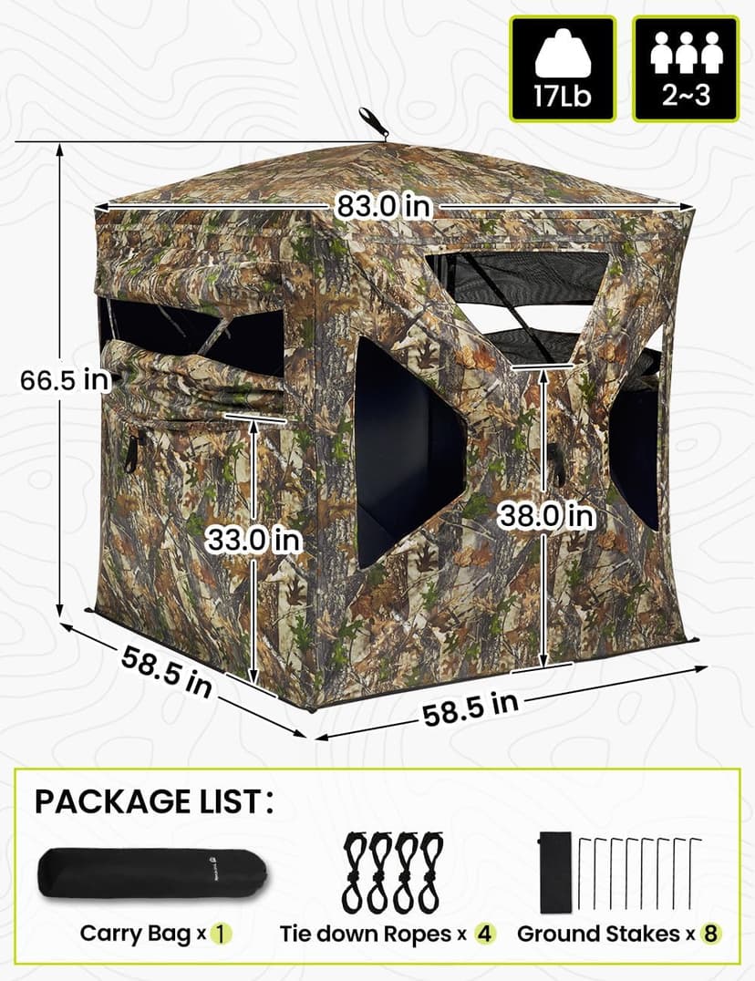 TIDEWE Hunting Blind 270°Full See Through with Windproof Curtain, Silent Magnetic Door & Sliding Windows, Pop Up Ground Blind with Carrying Bag, 300D Portable Tent