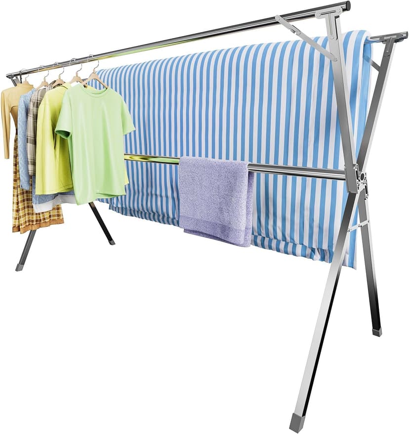 Unkqan Clothes Drying Rack,Heavy Duty Stainless Steel Garment Rack,Adjustable and Foldable Laundry Drying Rack for Indoor Outdoor Drying Rack Clothing with 20 Windproof Hooks (Silver, 79")