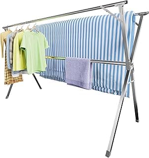 Unkqan Clothes Drying Rack,Heavy Duty Stainless Steel Garment Rack,Adjustable and Foldable Laundry Drying Rack for Indoor Outdoor Drying Rack Clothing with 20 Windproof Hooks (Silver, 79")