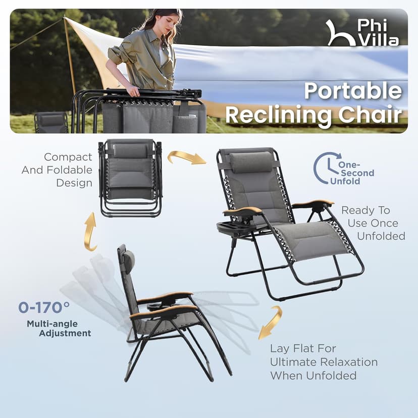 PHI VILLA XXL Oversized Padded Zero Gravity Chair, Foldable Patio Recliner, 30" Wide Seat Anti Gravity Lounger with Cup Holder, Support 400 LBS (Light Gray)