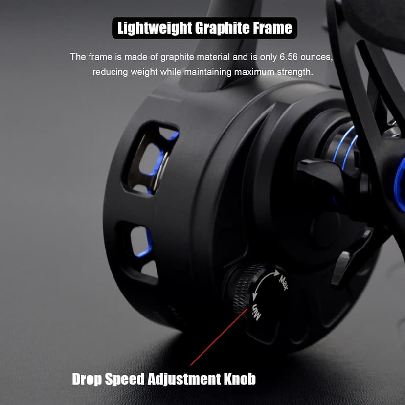 Inline Ice Fishing Reel, 3.2:1 High Speed Gear Ratio, 3+1 Anti-Reverse Ball Bearings, Magnetic Brakes, Lightweight Graphite Frame with a CNC Aluminum Spool for Winter Fishing