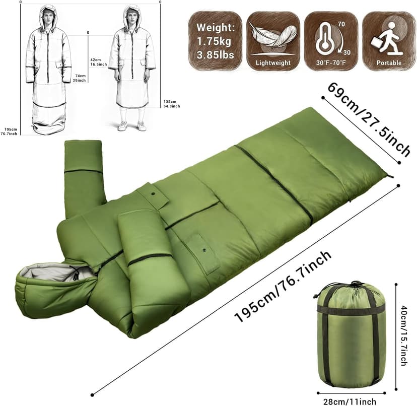 Wearable Sleeping Bag Adult Outdoor & Indoor Sleeping Bags Applicable Temperature 25℉-50℉ Designed for Camping, Hiking, Backpacking, and Other Outdoor Adventures