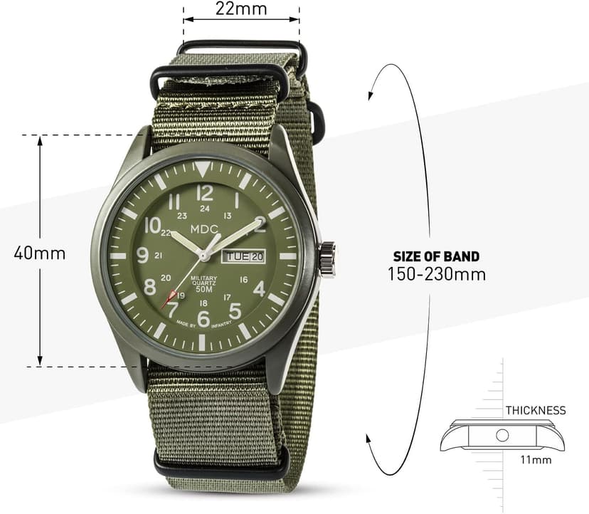 Infantry Mens Military Watch, Vietnam Style Field Watches for Men, Tactical 12/24H Military Time Analog Watch, Waterproof Day Date Quartz Wristwatch w/Green Nylon Band, Work Watch for Man