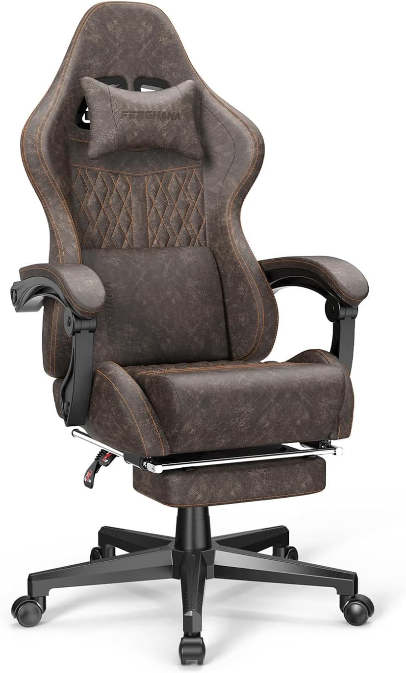 Ferghana Vintage PU Leather Gaming Chair, High Back Gamer Chair with Massage, Ergonomic Computer Office Chair with Footrest for Adults, Racing Style Reclining Video Game Chair Chestnut Brown